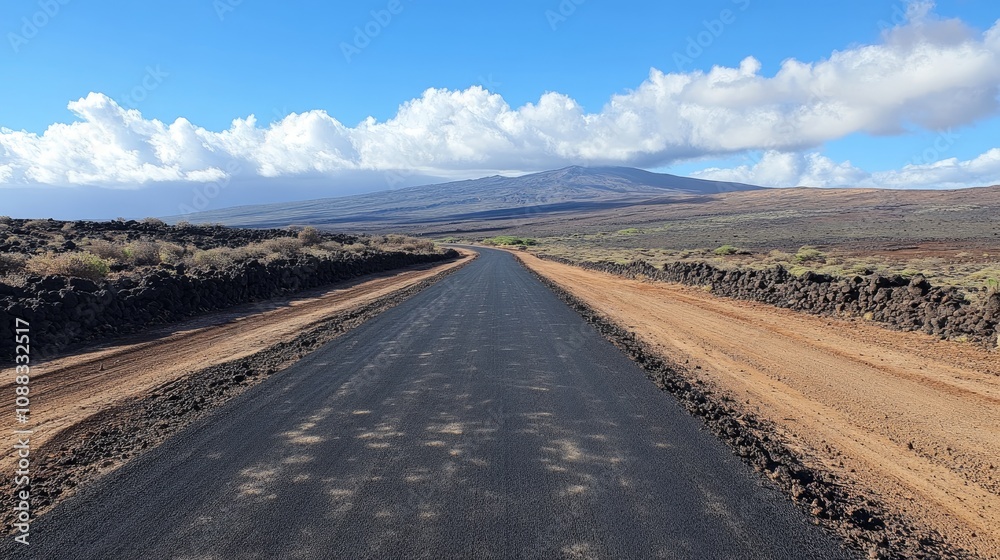 A long, smooth asphalt road meanders through a dry, desolate landscape under a bright blue sky with scattered clouds and distant mountains. A long, smooth asphalt road meanders through a dry, desolate landscape under a bright blue sky with scattered clouds and distant mountains.