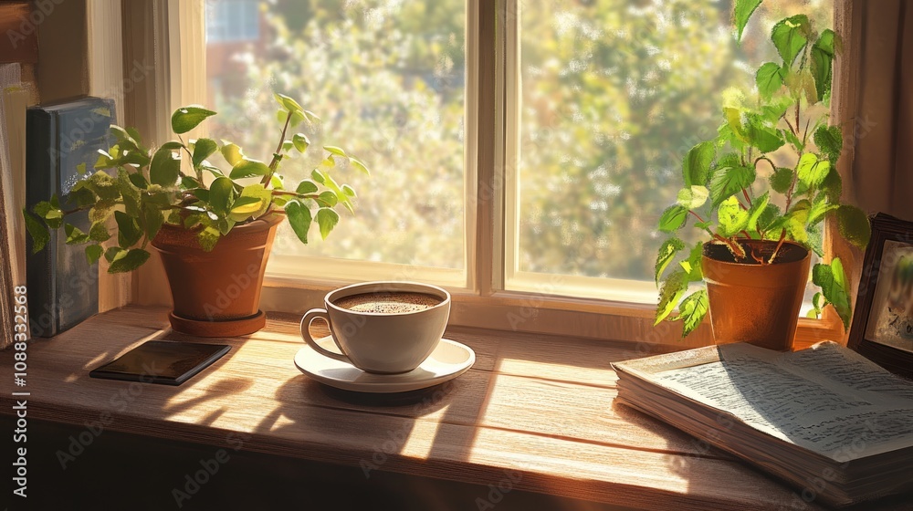 Cozy morning scene featuring a warm cup of coffee on a wooden windowsill with sunlit greenery and scattered books creating a tranquil atmosphere. Cozy morning scene featuring a warm cup of coffee on a wooden windowsill with sunlit greenery and scattered books creating a tranquil atmosphere.