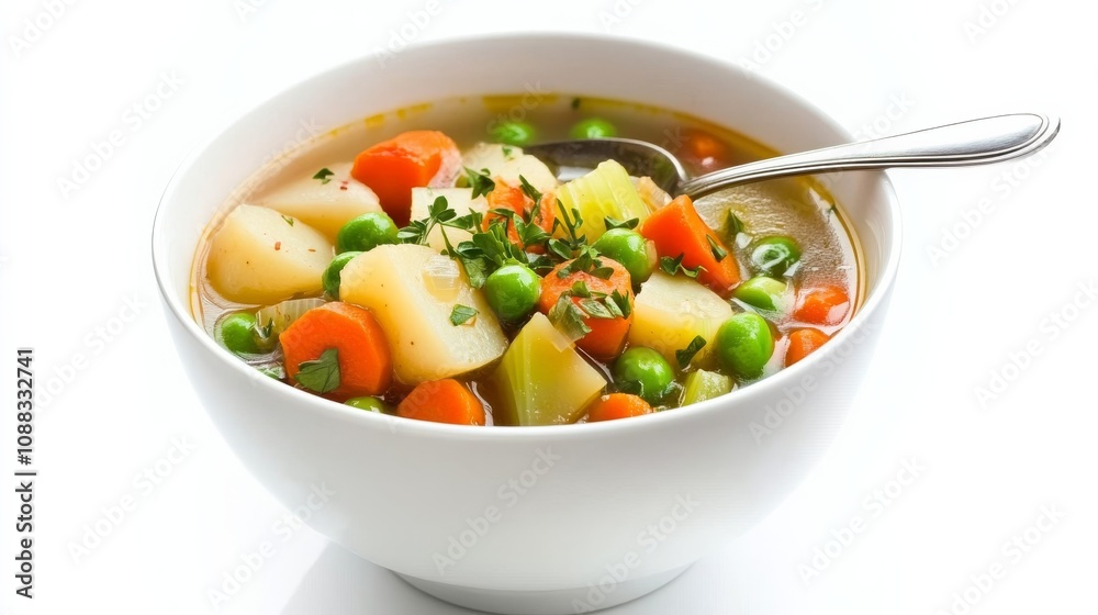A bowl of hearty vegetable stew with potatoes, carrots, celery A bowl of hearty vegetable stew with potatoes, carrots, celery