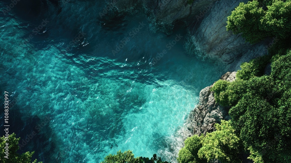 Aerial view of a serene shoreline showcasing crystal-clear turquoise waters contrasting with lush green foliage, perfect for nature and tropical getaway themes. Aerial view of a serene shoreline showcasing crystal-clear turquoise waters contrasting with lush green foliage, perfect for nature and tropical getaway themes.
