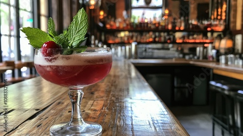 A vibrant cocktail in a stylish coupe glass garnished with fresh mint leaves and cherries, set against a warm, inviting bar with sleek wooden countertops and soft ambient lighting. photo