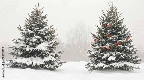 Snowy pine trees decorated with red ornaments on a winter landscape, creating a serene holiday atmosphere with ample space for text.