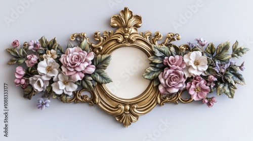 Ornate decorative sign with a gold frame embellished by intricate floral designs in soft pinks, whites, and greens, showcasing artistic craftsmanship.