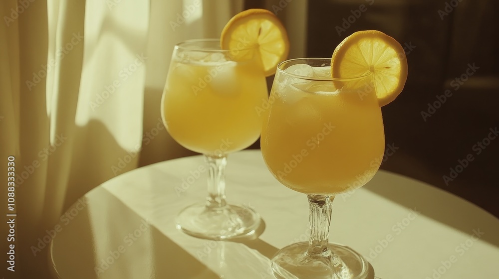 Refreshing lemonade in elegant glasses, garnished with lemon slices, illuminated by soft sunlight on a white table. Refreshing lemonade in elegant glasses, garnished with lemon slices, illuminated by soft sunlight on a white table.