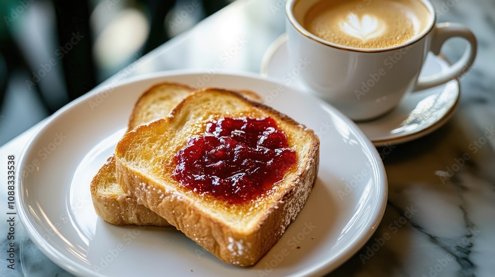 Buttered toast topped with cherry jam served on a white plate beside a cappuccino with latte art on a marble table. Buttered toast topped with cherry jam served on a white plate beside a cappuccino with latte art on a marble table.