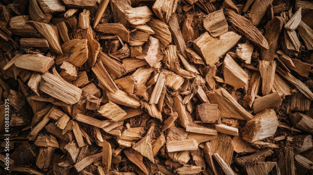 Wood chips close-up showcasing their texture and color, used as a renewable resource for biomass energy production in power generation. Wood chips close-up showcasing their texture and color, used as a renewable resource for biomass energy production in power generation.