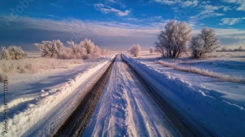 Snowy road stretching through a frost-laden forest under a vibrant winter sky, showcasing serene natural beauty on a chilly day.