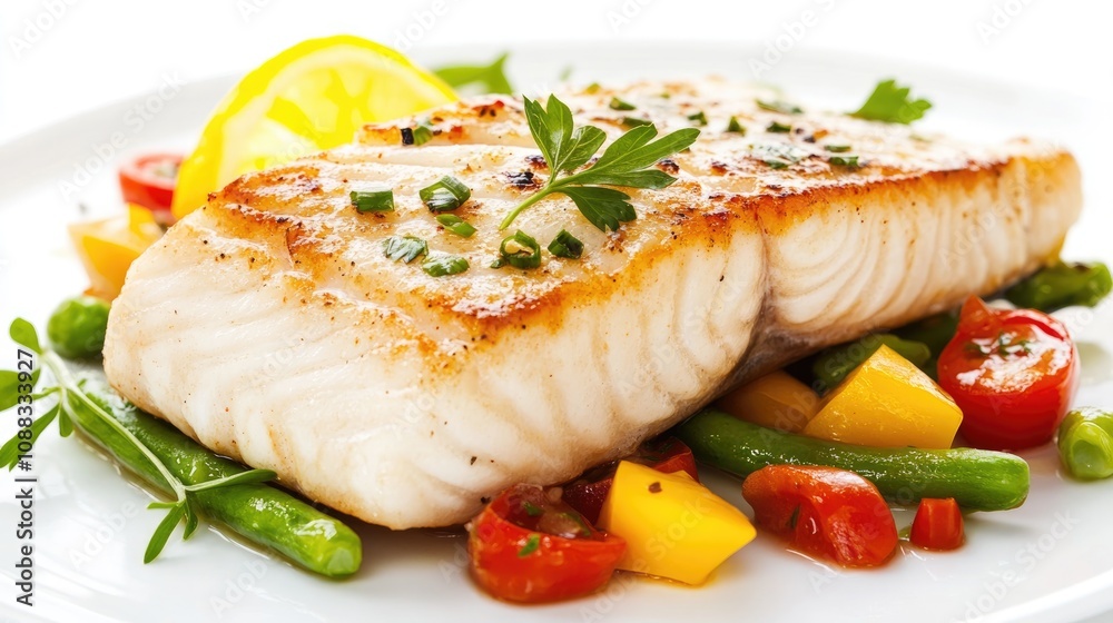 Freshly grilled fish fillet served atop a vibrant assortment of sautéed vegetables and garnished with herbs, all set against a clean white plate. Freshly grilled fish fillet served atop a vibrant assortment of sautéed vegetables and garnished with herbs, all set against a clean white plate.