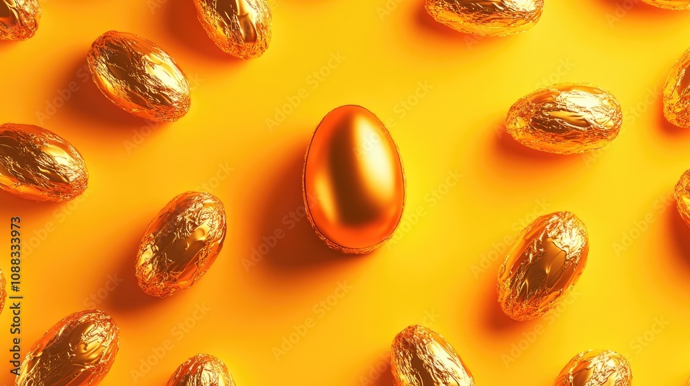Shiny golden unwrapped chocolate Easter egg centered among wrapped chocolate eggs on a bright yellow background, emphasizing festive colors and textures. Shiny golden unwrapped chocolate Easter egg centered among wrapped chocolate eggs on a bright yellow background, emphasizing festive colors and textures.