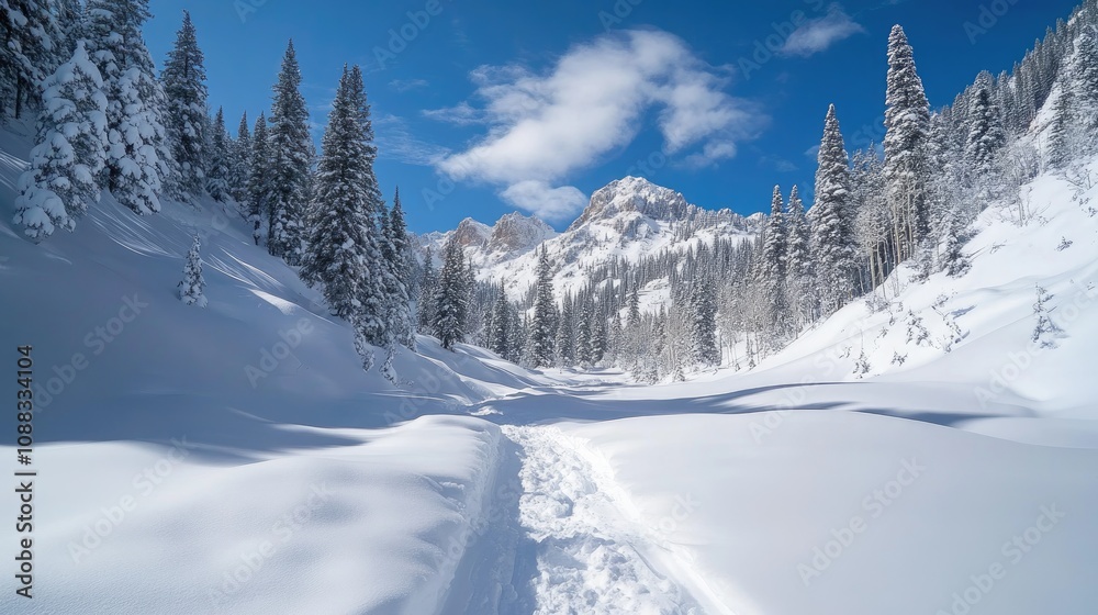 Pristine snowy landscape showcasing a serene pathway through fresh snow under a bright blue sky surrounded by tall evergreen trees and majestic mountains. Pristine snowy landscape showcasing a serene pathway through fresh snow under a bright blue sky surrounded by tall evergreen trees and majestic mountains.