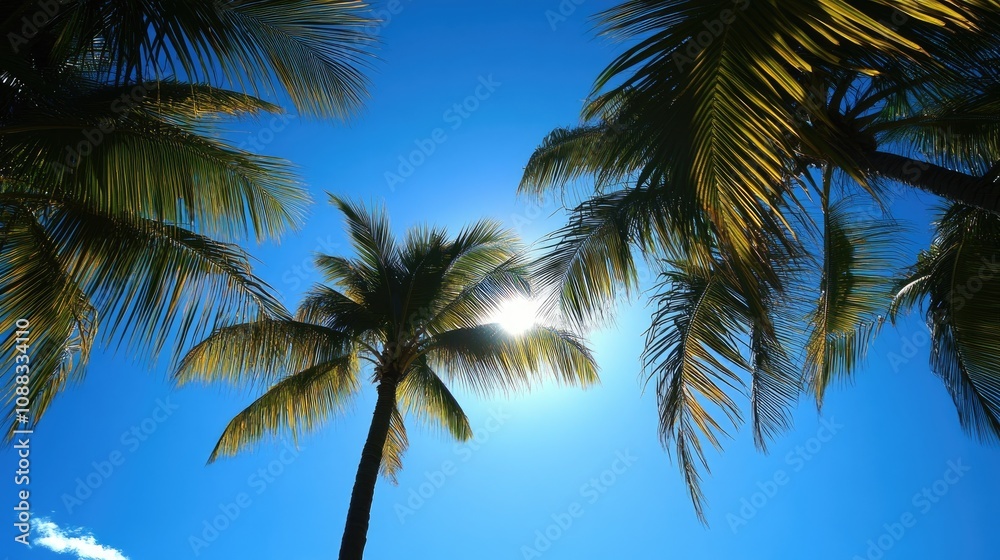 Silhouetted palm trees viewed from a low angle, framed against a vibrant blue sky with bright sunlight peeking through the leaves.