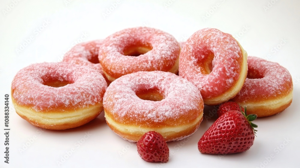 Frosted strawberry donuts with powdered sugar displayed alongside fresh strawberries on a pristine white background Frosted strawberry donuts with powdered sugar displayed alongside fresh strawberries on a pristine white background