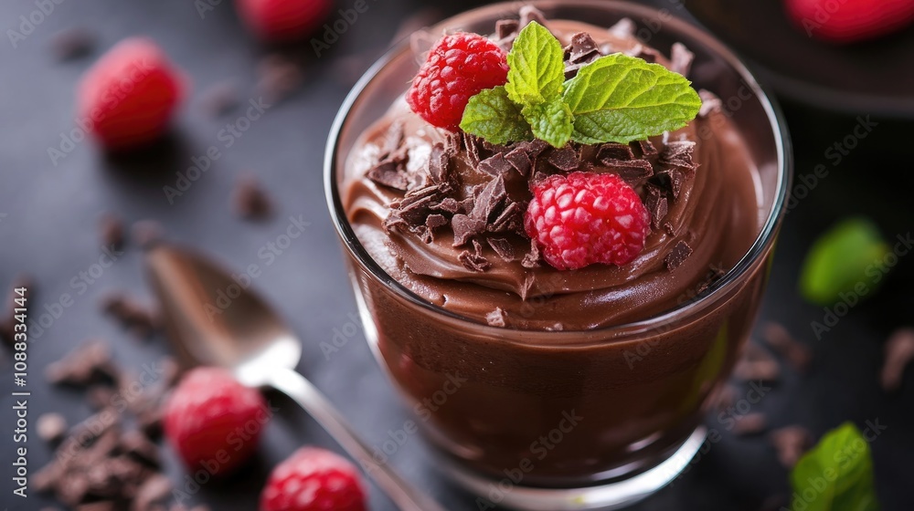Rich chocolate pudding topped with fresh raspberries and mint leaves, garnished with chocolate shavings, served in a clear glass dish. Rich chocolate pudding topped with fresh raspberries and mint leaves, garnished with chocolate shavings, served in a clear glass dish.