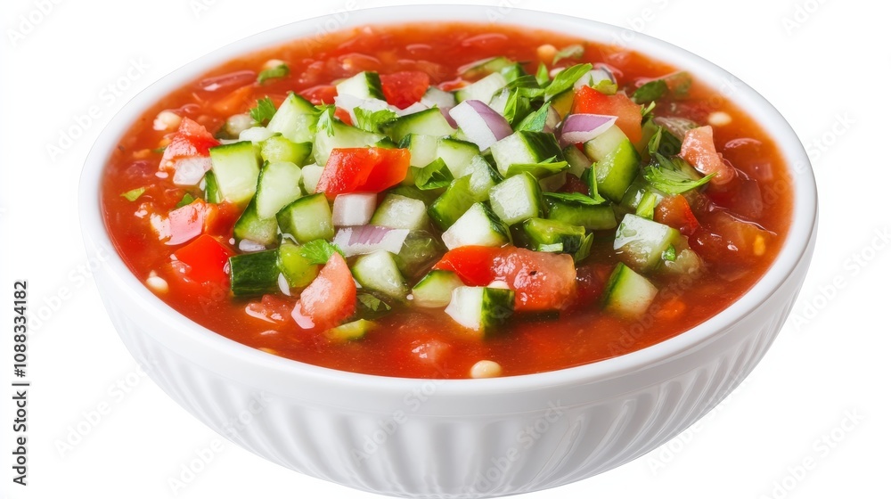 A bowl of refreshing gazpacho soup with ripe tomatoes, cucumbers, peppers A bowl of refreshing gazpacho soup with ripe tomatoes, cucumbers, peppers