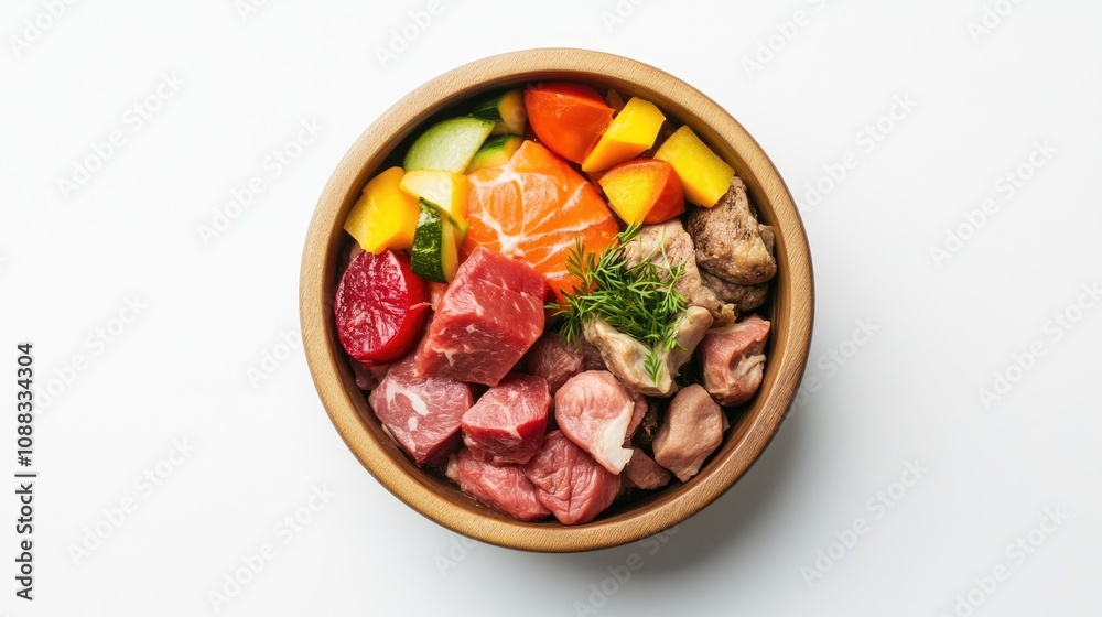 Raw dog food bowl filled with chunks of meat, fish, colorful vegetables, and fruits, displayed on a clean white background Raw dog food bowl filled with chunks of meat, fish, colorful vegetables, and fruits, displayed on a clean white background