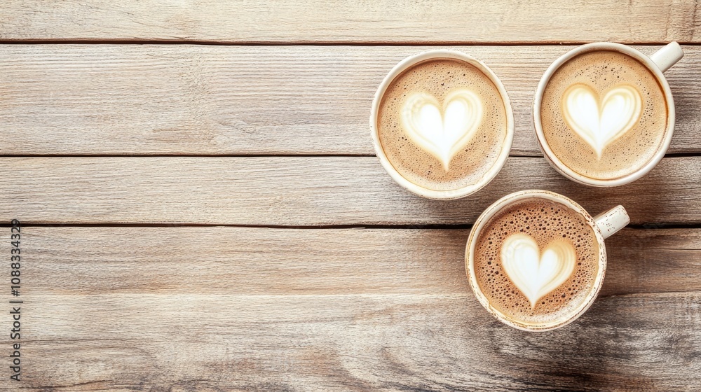 Cappuccino cups with heart latte art arranged on rustic wooden surface, perfect for coffee lovers or romantic theme, top view with ample space for text Cappuccino cups with heart latte art arranged on rustic wooden surface, perfect for coffee lovers or romantic theme, top view with ample space for text