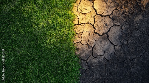 Contrast of Dry Cracked Soil and Vibrant Green Grass at Sunset Showcasing Land Restoration Efforts and Resilience Against Desertification and Drought photo