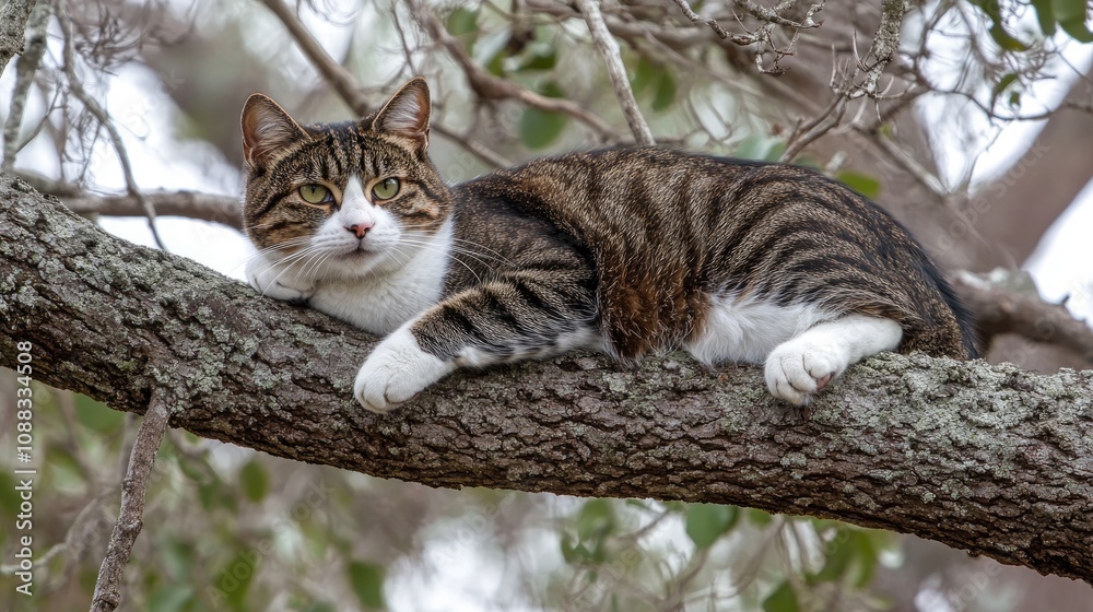 Cat lounging on a tree branch, intently observing surroundings with a focused expression, framed by soft, blurred foliage in a vertical layout. Cat lounging on a tree branch, intently observing surroundings with a focused expression, framed by soft, blurred foliage in a vertical layout.