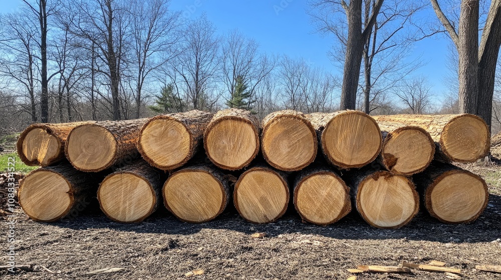 Stack of freshly cut wooden logs aligned on the ground, surrounded by bare trees and a vivid blue sky accentuating the serene forest environment. Stack of freshly cut wooden logs aligned on the ground, surrounded by bare trees and a vivid blue sky accentuating the serene forest environment.