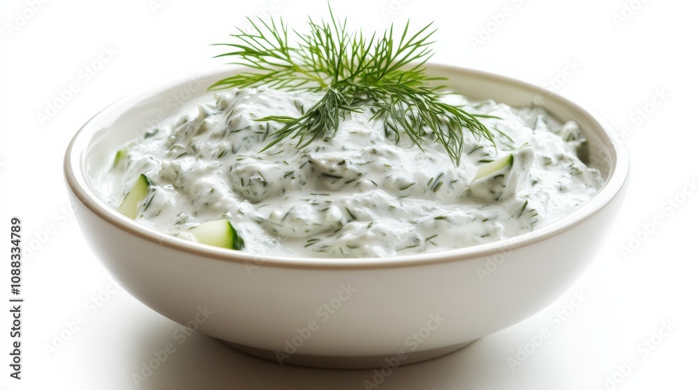 A bowl of refreshing Greek tzatziki sauce with cucumber, garlic, and dill A bowl of refreshing Greek tzatziki sauce with cucumber, garlic, and dill