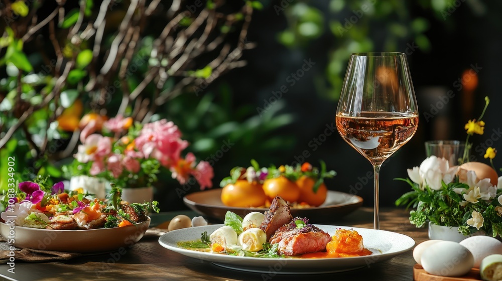 Elegant Easter table featuring a variety of delicious dishes, vibrant flowers, and a glass of rosÃ© wine against a lush green backdrop.