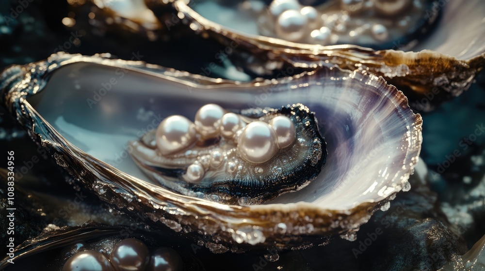 Marine oysters nestled in mussel shells, embellished with lustrous shiny pearls and iridescent interiors, highlighting natural ocean beauty.