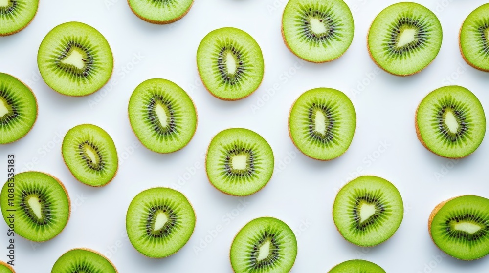 Fototapeta premium Sliced kiwi fruits arranged in a flat pattern showcasing vibrant green flesh and distinctive black seeds against a clean white background.