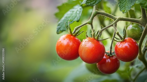 Ripening tomatoes hanging on green vines inside a greenhouse, showcasing vibrant red fruit surrounded by lush foliage.