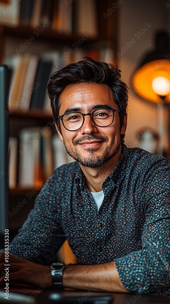 a smiling ethnically ambiguous male website coder (30 years old), wearing business casual clothing, working at a desktop computer, with coding on the screen, in a home office a smiling ethnically ambiguous male website coder (30 years old), wearing business casual clothing, working at a desktop computer, with coding on the screen, in a home office