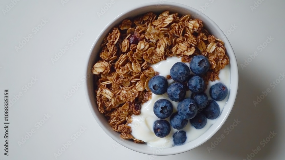 Nutritious granola breakfast with blueberries and creamy yogurt in a bowl, beautifully arranged on a white surface, viewed from above. Nutritious granola breakfast with blueberries and creamy yogurt in a bowl, beautifully arranged on a white surface, viewed from above.