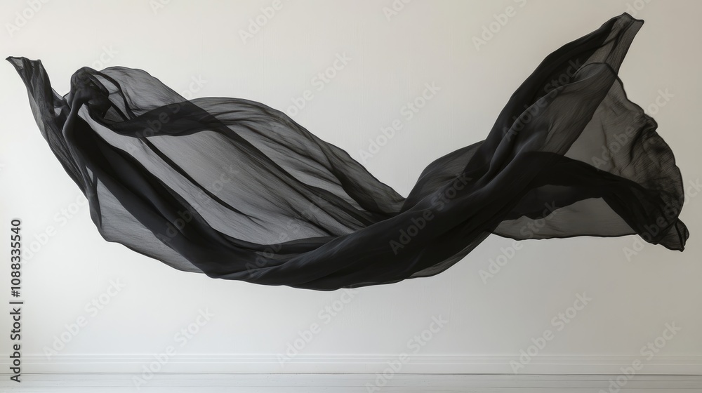 Flowing black fabric gracefully suspended in mid-air, contrasting elegantly with a bright white background, showcasing its delicate texture and movement.