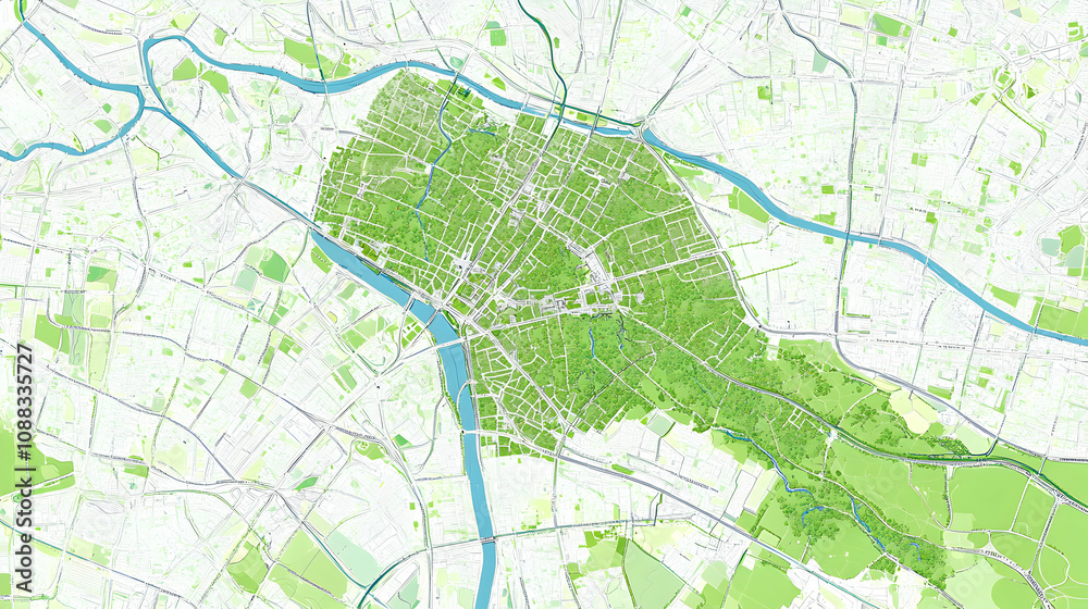 Obraz premium An Illustrated Map Depicting a City with a River Winding Through It, Surrounded by Lush Greenery, with Detailed Street Networks and Park Areas