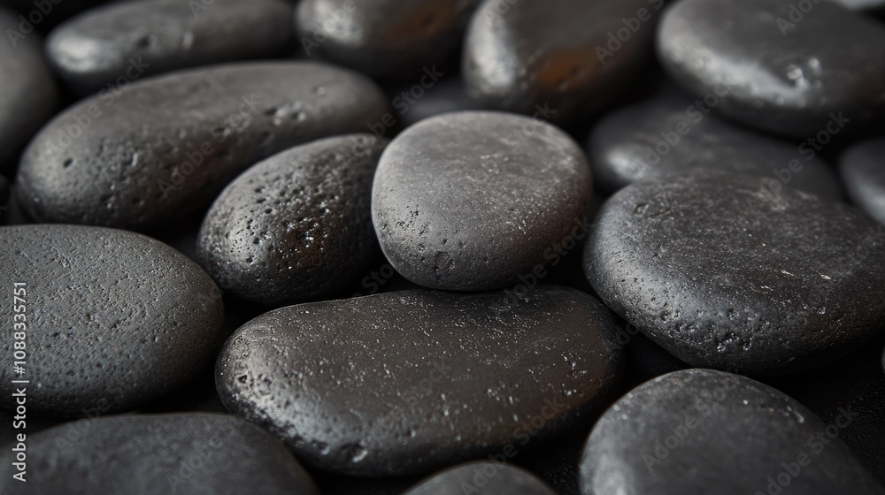 Close-up view of smooth black stones with varied textures, perfect for product displays or natural-themed presentations. Close-up view of smooth black stones with varied textures, perfect for product displays or natural-themed presentations.