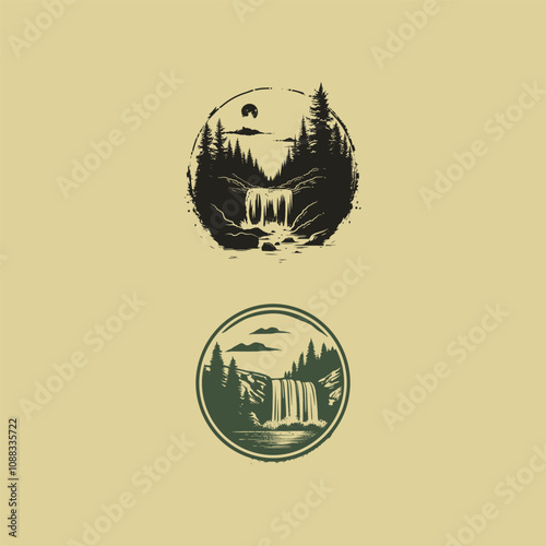 waterfall in the forest logo design vector illustration vintage engraving