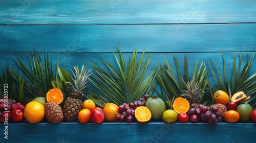 Fototapeta Naklejka Na Ścianę i Meble -  Assorted ripe tropical fruits including pineapples, grapes, and oranges arranged on palm leaves, set against a vibrant blue wooden background.