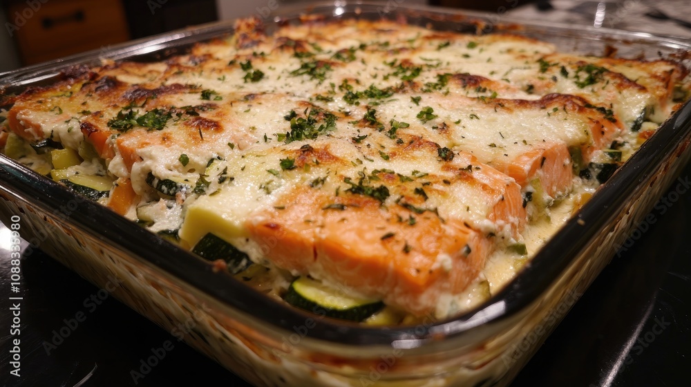 Savory lasagna layered with salmon, zucchini, creamy béchamel sauce, parmesan cheese, and leeks, baked to golden perfection. Savory lasagna layered with salmon, zucchini, creamy béchamel sauce, parmesan cheese, and leeks, baked to golden perfection.