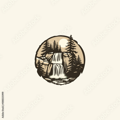 waterfall in the forest logo design vector illustration vintage engraving