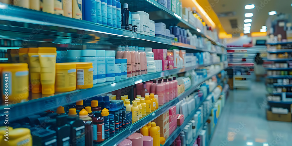 Rows of colorful bottles and tubes of personal care products neatly arranged on shelves in a store. Rows of colorful bottles and tubes of personal care products neatly arranged on shelves in a store.