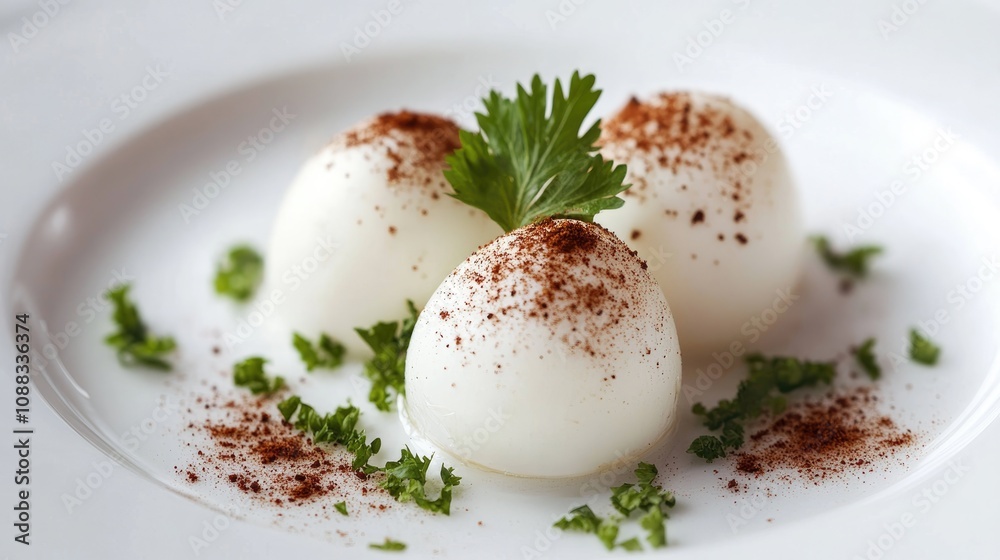 Soft boiled eggs elegantly garnished with fresh parsley and spices, beautifully arranged on a pristine white plate. Soft boiled eggs elegantly garnished with fresh parsley and spices, beautifully arranged on a pristine white plate.