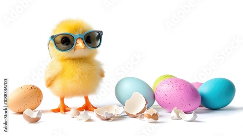 Cheerful yellow chick in sunglasses next to broken eggshells and vibrant Easter eggs on a bright white background for a festive greeting card.