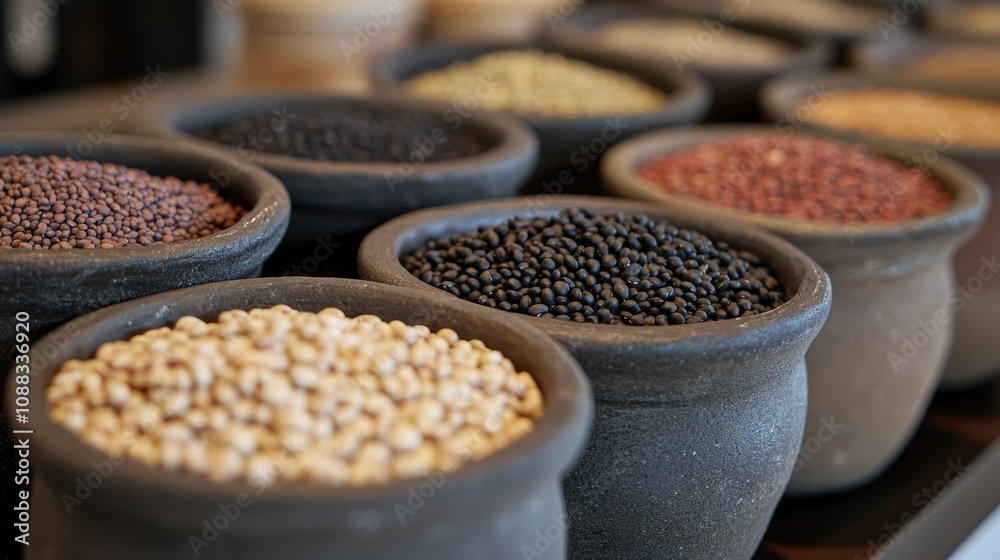Assorted Legumes and Lentils arranged in traditional clay pots showcasing rich colors and textures, a perfect source of plant-based protein and nutrition. Assorted Legumes and Lentils arranged in traditional clay pots showcasing rich colors and textures, a perfect source of plant-based protein and nutrition.