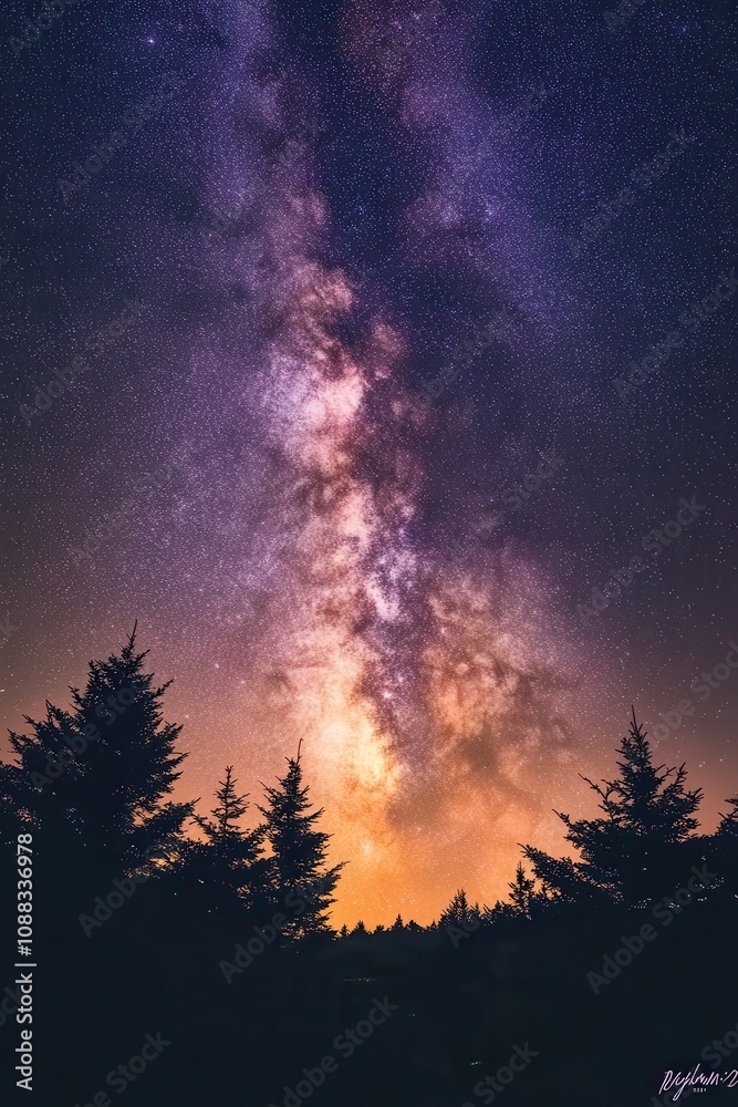 Stunning Night Sky with Milky Way Galaxy Over Silhouetted Pine Trees in a Starry Landscape Stunning Night Sky with Milky Way Galaxy Over Silhouetted Pine Trees in a Starry Landscape