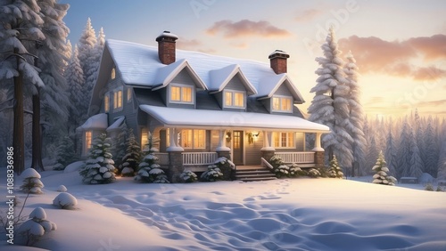 A peaceful and charming winter landscape in a forested location is created by the warm glow of a modest cottage surrounded by fresh