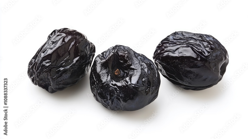 Dried plums arranged on a white surface, showcasing deep purple-black wrinkled skin and natural texture, highlighting their ripe appearance and rich color. Dried plums arranged on a white surface, showcasing deep purple-black wrinkled skin and natural texture, highlighting their ripe appearance and rich color.