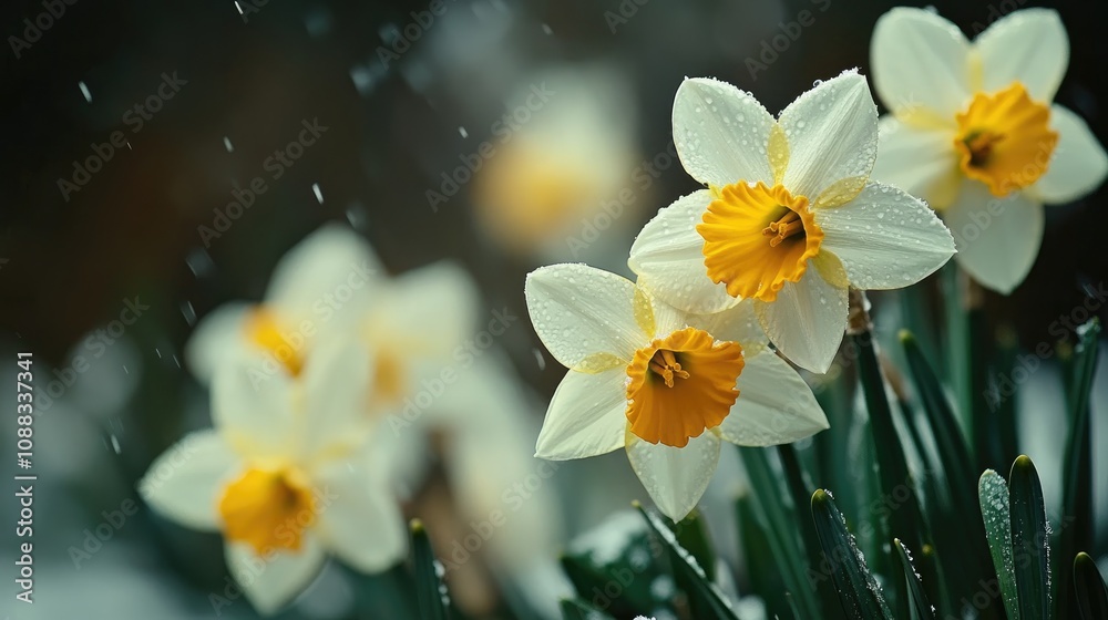 Close-up of vibrant Narcissus flowers blooming in snowy spring, showcasing delicate petals and raindrops amidst a winter backdrop.