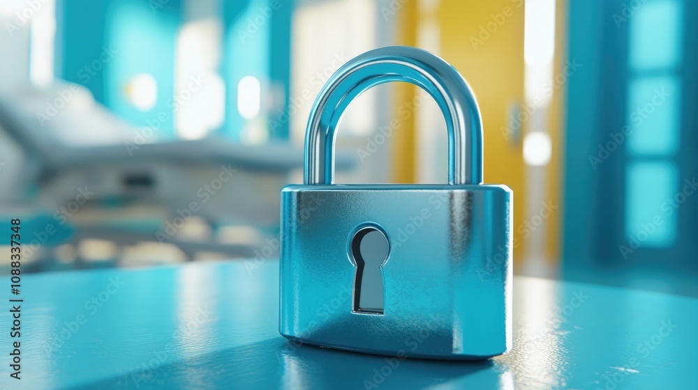 Fototapeta premium Padlock Representing Data Security in a Modern Medical Environment with Soft Blue Colors and a Blurred Hospital Background
