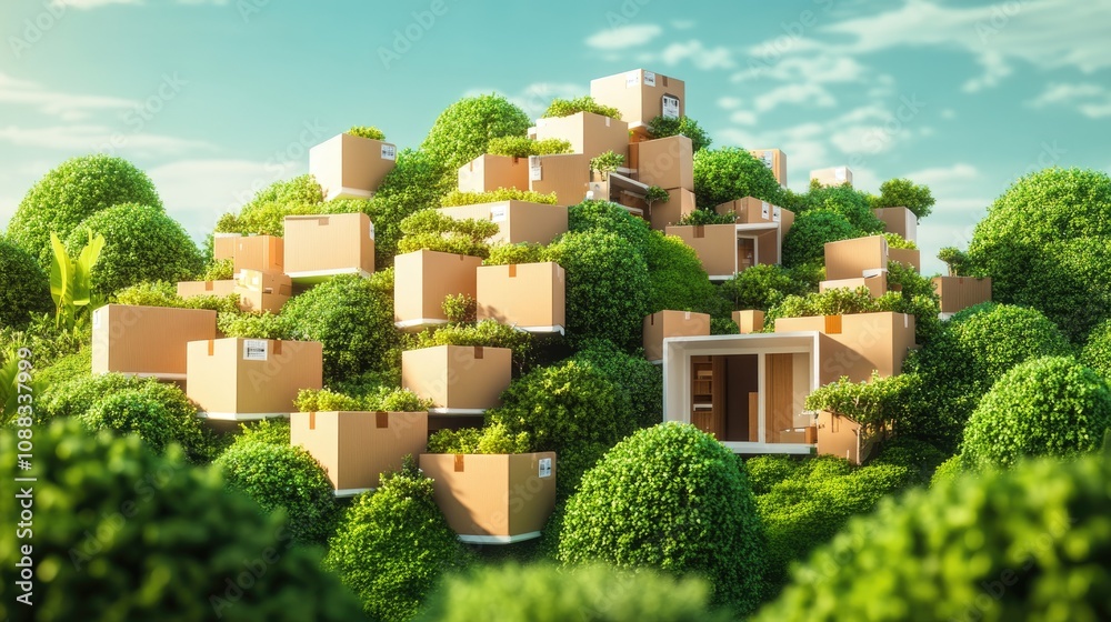 Piled cardboard boxes at a modern home entrance, enveloped by lush greenery under a vibrant summer sky, showcasing a unique blend of nature and contemporary design. Piled cardboard boxes at a modern home entrance, enveloped by lush greenery under a vibrant summer sky, showcasing a unique blend of nature and contemporary design.