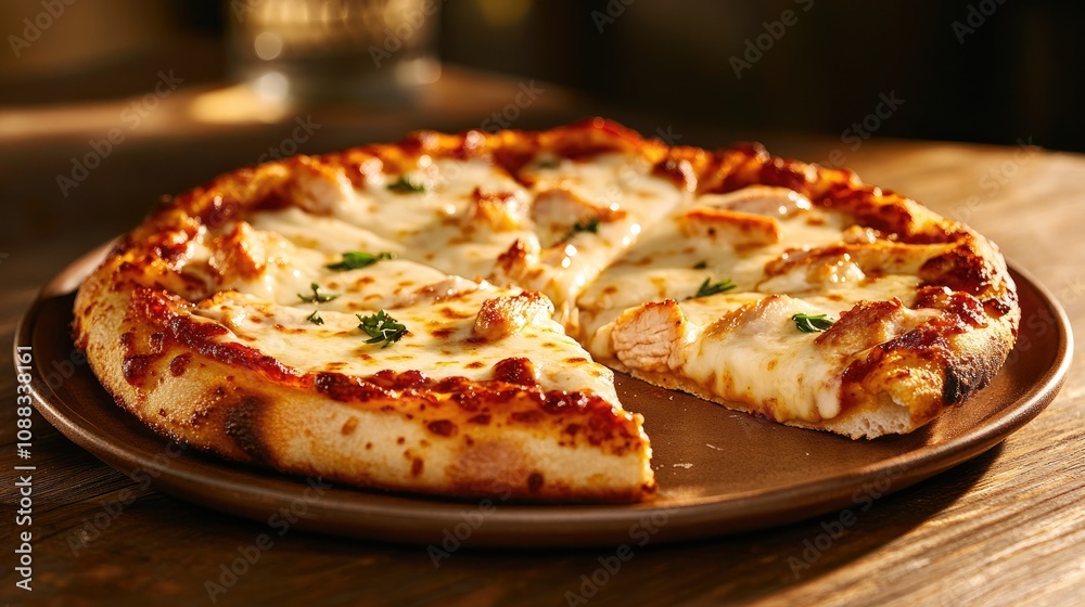 Deliciously sliced chicken and cheese pizza on a wooden plate, featuring a golden crust and fresh herbs, ready to be enjoyed. Deliciously sliced chicken and cheese pizza on a wooden plate, featuring a golden crust and fresh herbs, ready to be enjoyed.