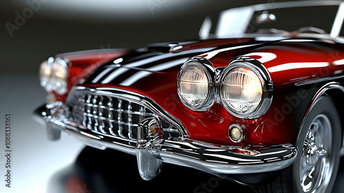 Close-up View of a Classic Vintage Red Car with Shiny Chrome Headlights and Grill, Showing the Detailed Design and Craftsmanship of a Classic Vehicle.