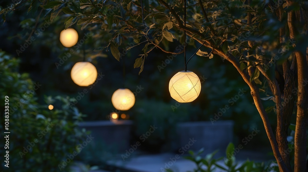 Evening garden scene with softly glowing electric lanterns hanging from tree branches, casting a warm and inviting ambiance amidst lush greenery. Evening garden scene with softly glowing electric lanterns hanging from tree branches, casting a warm and inviting ambiance amidst lush greenery.